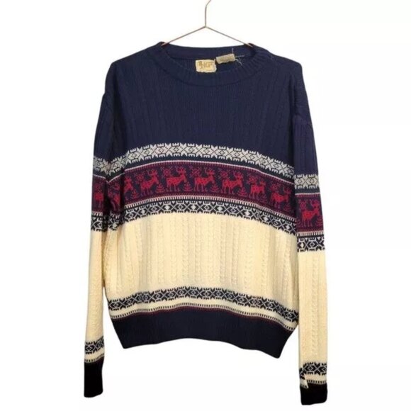 Vintage KP Reindeer Fair Isle Cable Knit Pullover Sweater Cream Blue - Picture 1 of 7